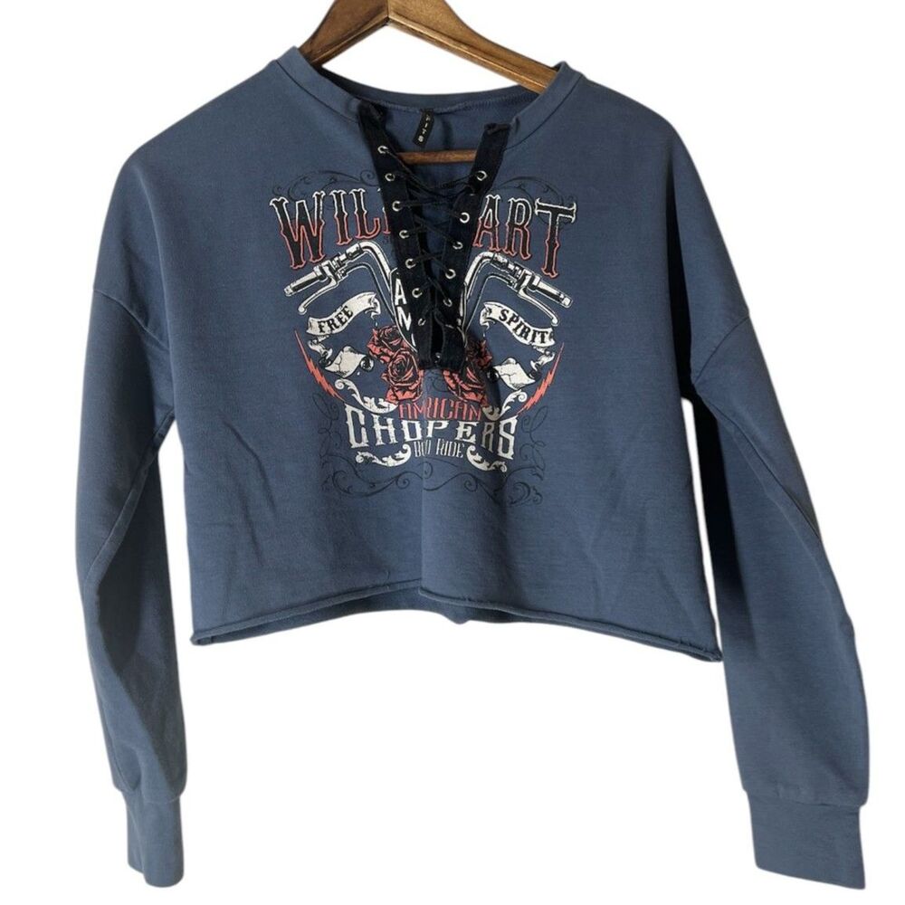 American Choppers Graphic Blue Long Sleeve Shirt Sz S Cropped Grunge Goth